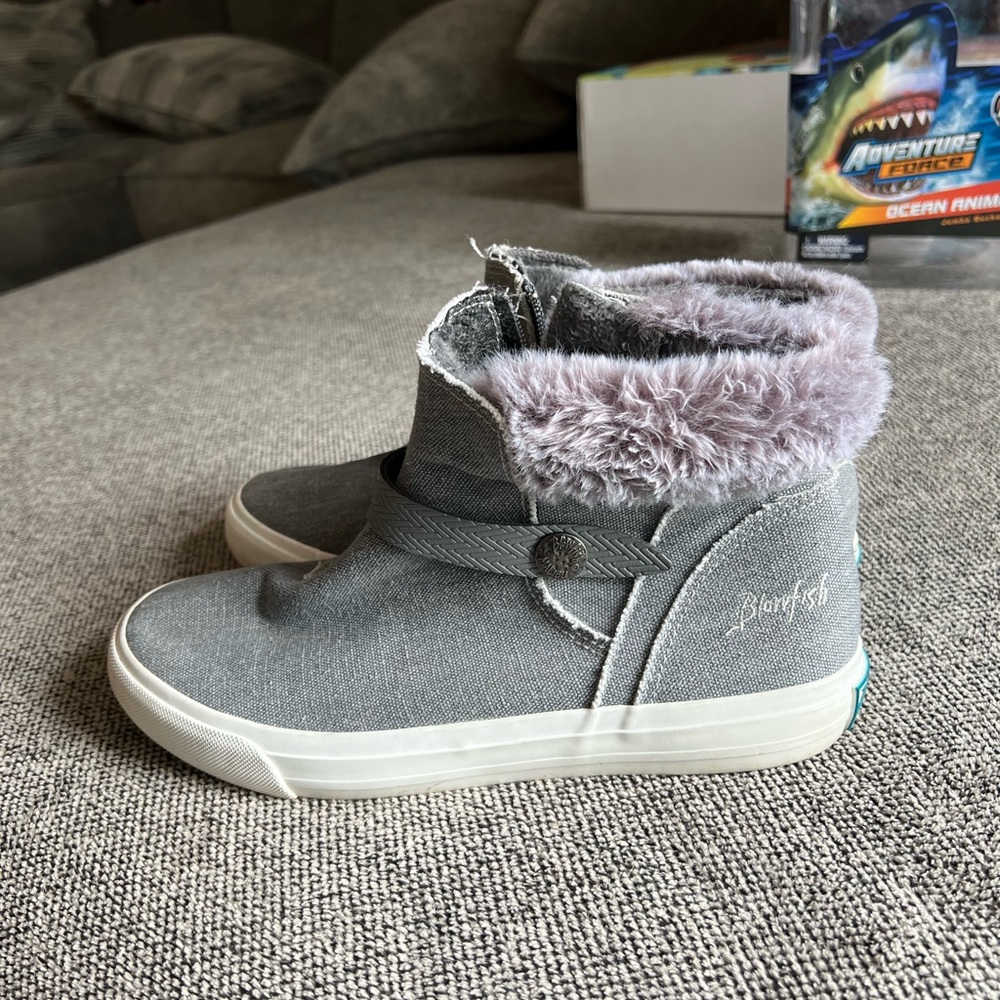Blowfish Gray and White High-Top Sneakers with Plush Collar